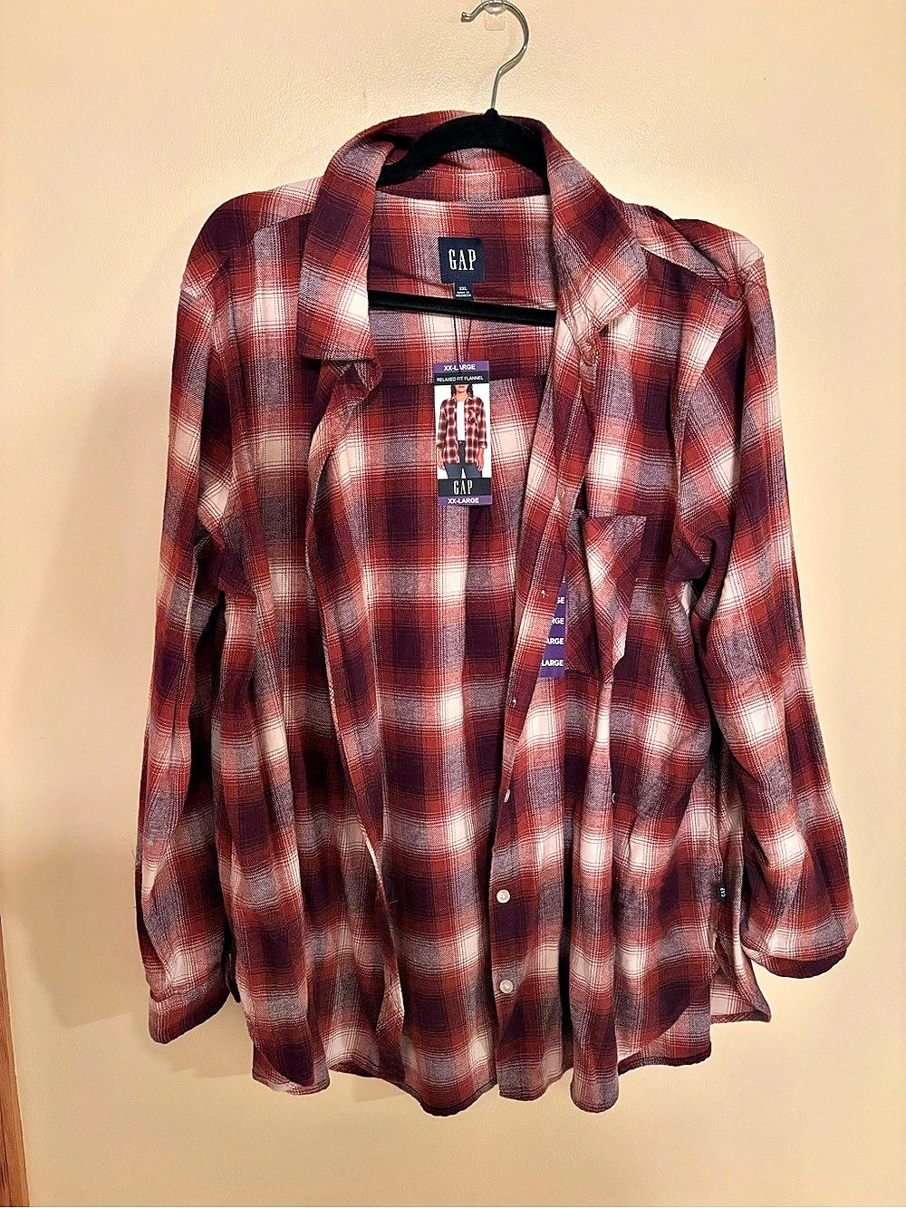 GAP Relaxed Fit Flannel Shirt Plaid red & White XXL NWT